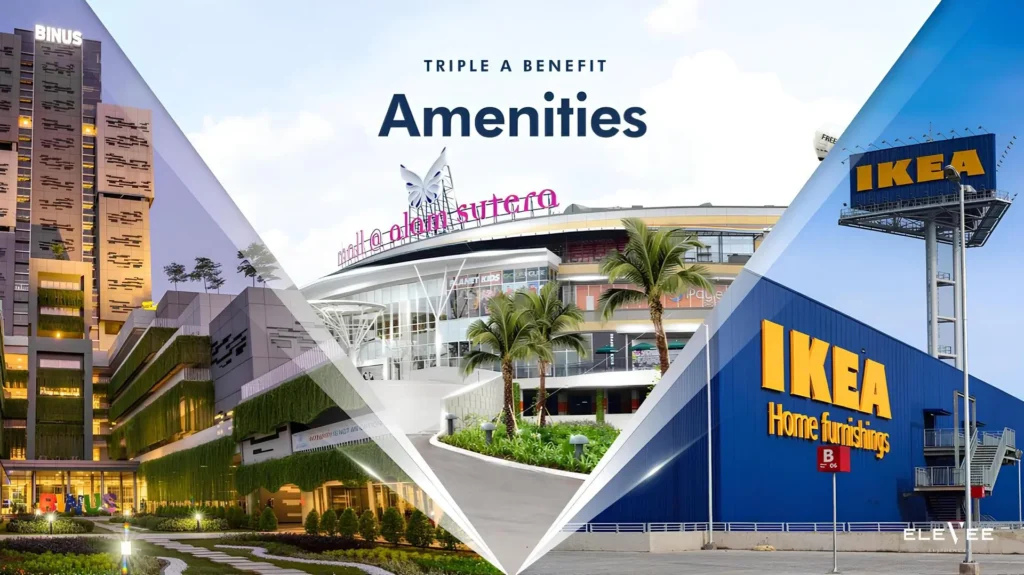 Gedung Binus University, pusat perbelanjaan Mall @ Alam Sutera, dan toko IKEA berdampingan menunjukkan berbagai fasilitas pendukung di sekitar EleVee Residences.