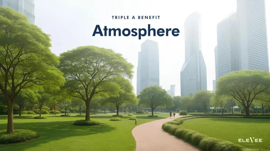 Taman hijau yang rindang dengan pepohonan besar dan jalur pejalan kaki, dikelilingi gedung tinggi di kawasan kota modern Alam Sutera, menunjukkan suasana segar dan nyaman.