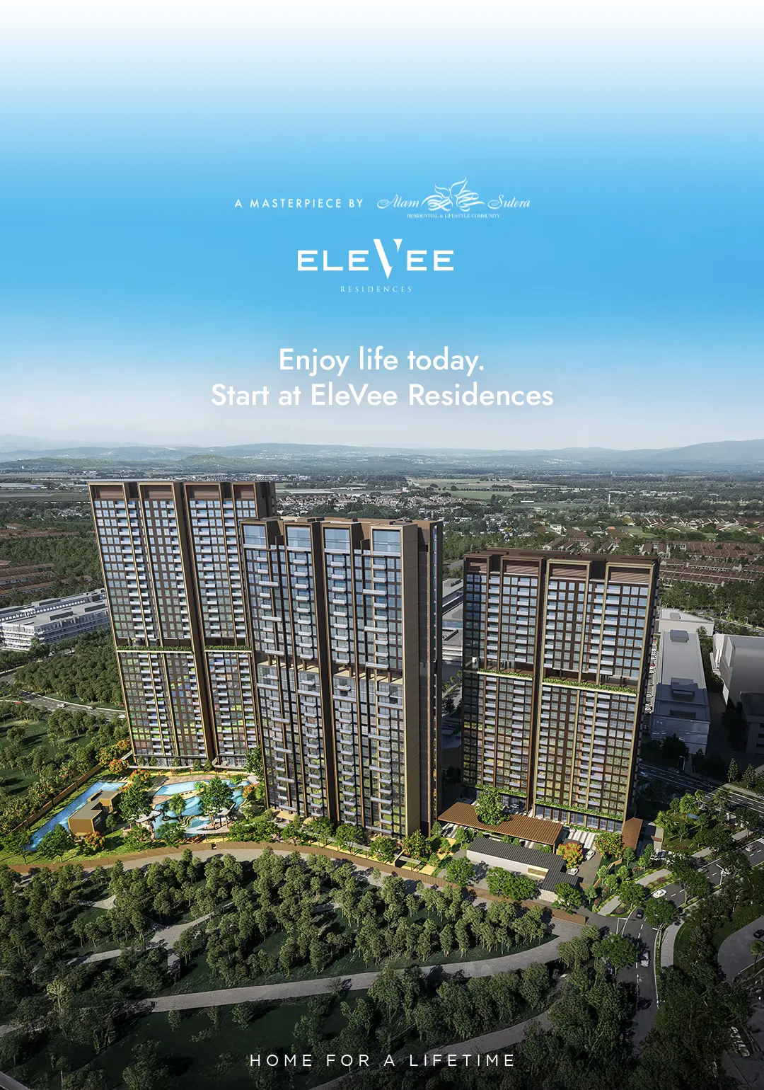 Render arsitektural EleVee Residences dengan latar pegunungan dan kawasan hijau luas di Alam Sutera.