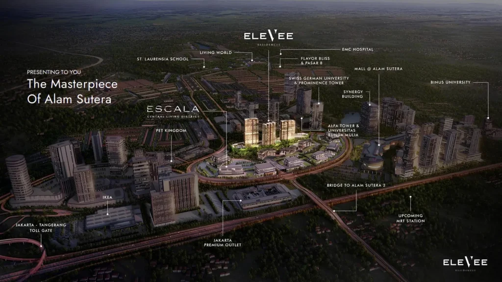 Tampilan udara kawasan Escala Alam Sutera dengan lokasi EleVee, dikelilingi fasilitas kota.