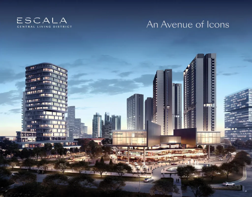 Gambaran kawasan EleVee Residences dalam pengembangan Escala, Central Living District Alam Sutera, lengkap dengan titik lokasi fasilitas penting seperti IKEA, Mall @ Alam Sutera, Binus, dan Jakarta Premium Outlet.
