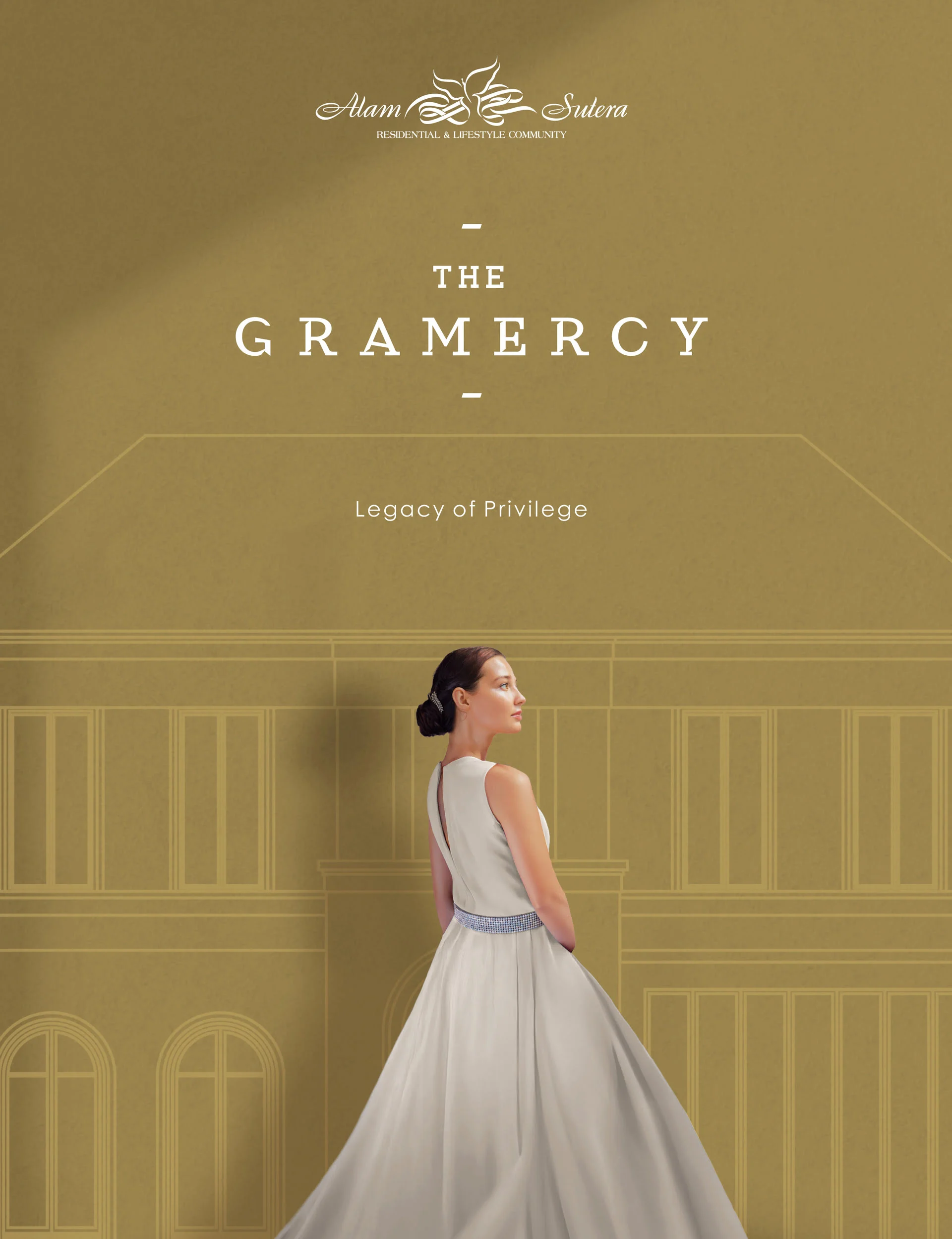 Seorang wanita elegan dengan latar logo The Gramercy dan Alam Sutera