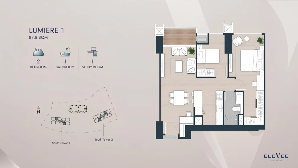 Layout denah unit Lumière 1 dengan 2 kamar tidur, ruang tamu terbuka, dapur modern, dan balkon, menampilkan tata letak yang fungsional dan nyaman untuk keluarga muda.
