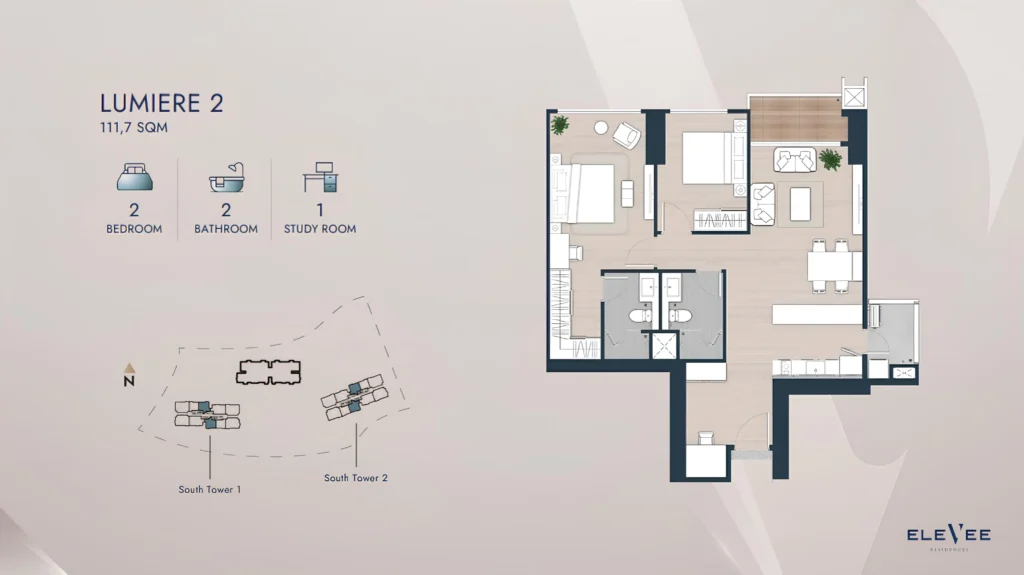 Layout denah unit Lumière 2 dengan 2 kamar tidur dan area ruang keluarga yang luas, dilengkapi dapur semi-terbuka dan balkon yang menyatu dengan living room.