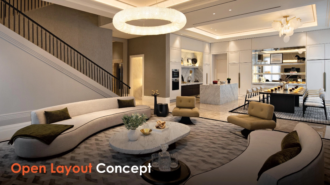 Desain ruang tamu terbuka di unit The Gramercy