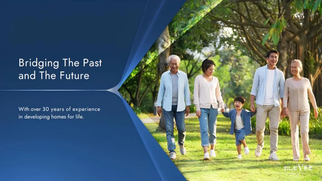 Keluarga multigenerasi sedang berjalan santai di taman hijau yang asri, mewakili komitmen EleVee membangun hunian untuk kehidupan jangka panjang.
