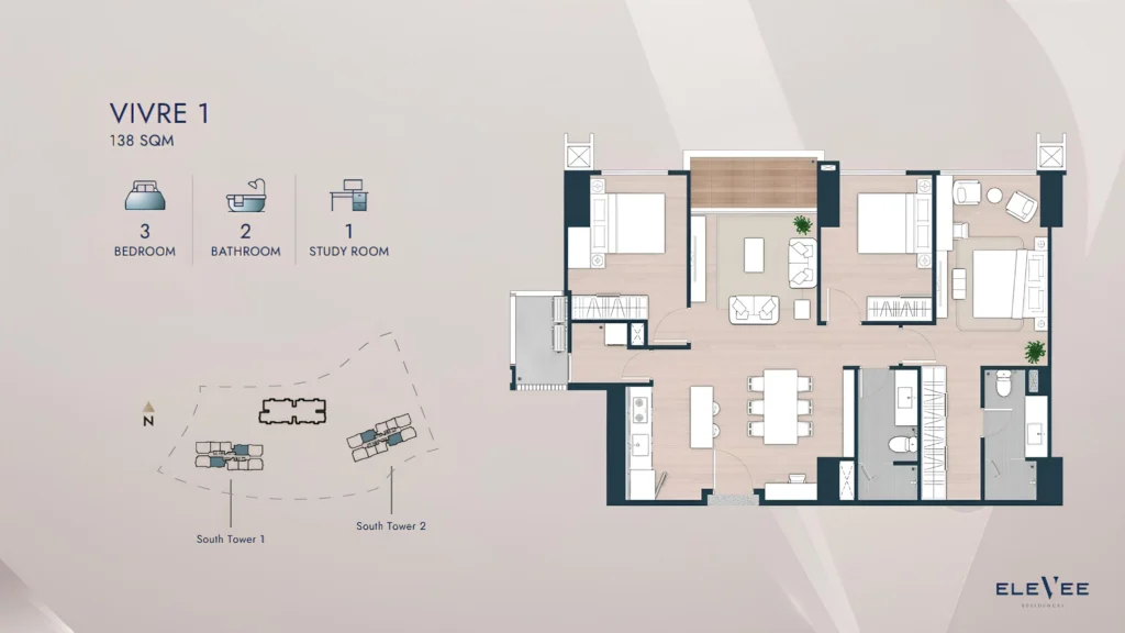 Denah layout VIVRE 1 dengan 3 kamar tidur dan area ruang terbuka luas