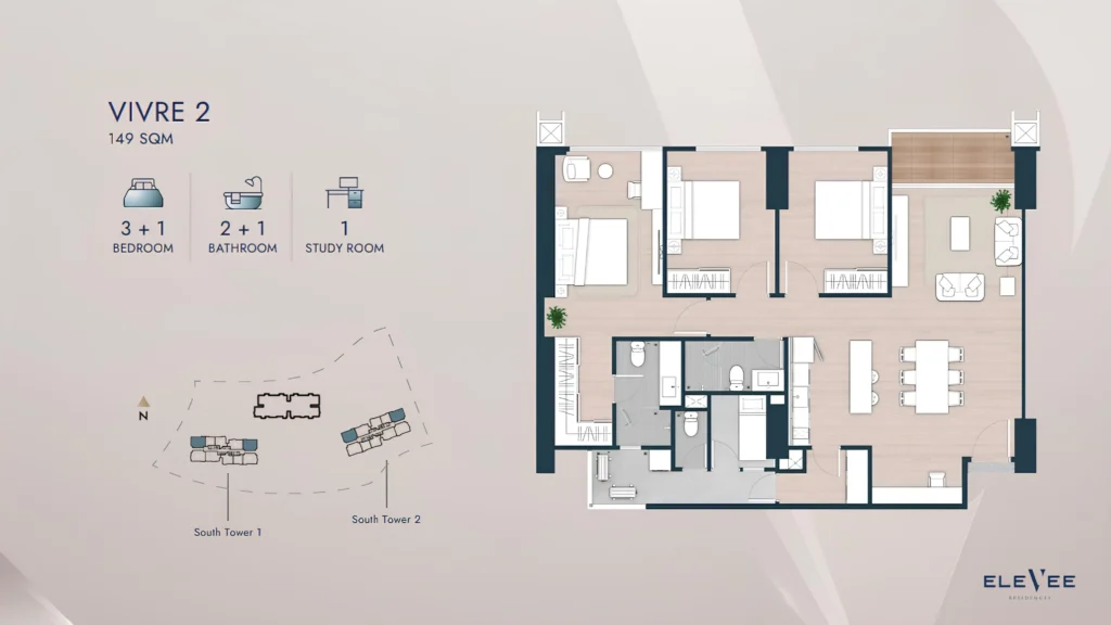Denah layout VIVRE 2 dengan 3 kamar tidur dan area tengah yang luas dan terang