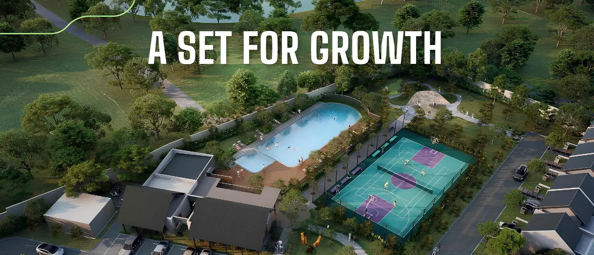 Clubhouse modern dengan lapangan basket dan kolam renang dilihat dari atas